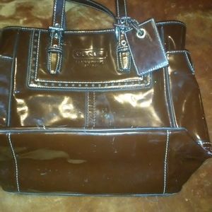 Coach brown patent leather tote purse